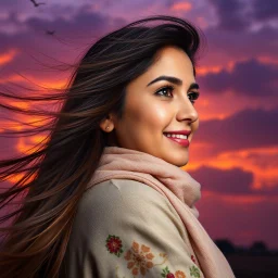 Hyper Realistic Photographic Close Side Face View Of A Beautiful Pakistani Pashto Young Woman (With BEautiful Green Eyes & Long Hair Whirling From Cold Breeze, Happily Looking At The Dramatic Cloudy Sunset With Purple Sky & Dark Clouds With Orange Sunset Sky, With Few Birds Flying Far, Showing Dramatic And Cinematic Ambiance.