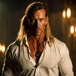 craig parker as handsome warrior king, muscular, long blonde hair, male age 30, wearing jeans and a white button-up shirt, tan skin, tattoos, photorealistic 4k dark fantasy