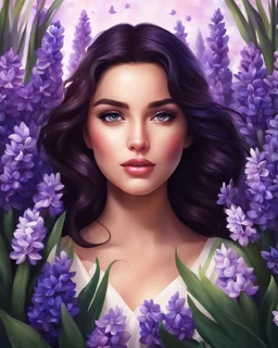 Medium view of a beautiful girl standing surrounded by full of hyacinth flowers, beautiful face, dark hair, shining eyes, digital painting style, high quality, 4k