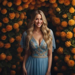 (best quality, 4k, 8k, highres, masterpiece:1.2), ultra-detailed, (realistic, photorealistic, photo-realistic:1.37),hyper realistic, full body gorgeous smiling 1woman,long hair,looking at viewer,realistic proportions,blue eyes,hair ornament,transparent top dress,very long hair,flower,blonde hair,parted lips,necklace,white dress,blonde hair,lips,joyful pastel background,freckles,realistic,head wreath, pink flower,realistic portrait, dreamy fantasy landscape countryside,great pespective,crystal