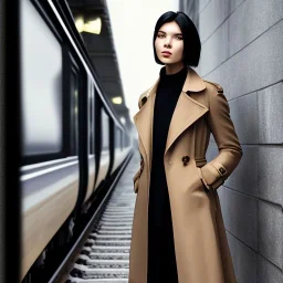 A beautiful slender young Asian woman with short black hair and a black trench coat, waiting for a man at night at a train station in London