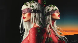 Abstract Art, Collage, Thomas Ligotti, Mannequin World, In Space They Can't Hear You Scream, Dave McKean, Inspired by Zdzislaw Beksinski's Nightmarish Paintings, Wassily Kandinsky, Double Exposure, Sunset, Gnostic Tragedy, Sinister, Woman, Long White Hair, Made of Glitter Texture, Blush, Blindfolded, Vine Design, Raspberry, Surreal, Futuristic, Black Open Background, Peach Skin, Leafy Textures, Shiny Plastic, Organic Aesthetics, Rose Red Tint, Green Leaves, Alien Design, Mutant Structure, Red Mo