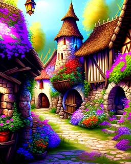 medieval fantasy village with flowers rpg art painterly