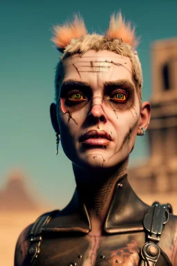 Fashion Portrait, tank girl, make up, natural busty, mad max style, glow eyes :: desert scene :: cinematic, Ultra realistic, wide angle view, soft color, highly detailed, unreal engine 5, RTX, ultra detail, volumetric lighting, 3d, finely drawn, high definition.