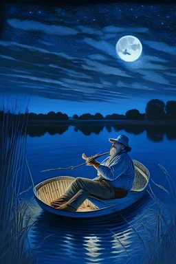 middle aged white man on a blue and white sit-on kayak playing the banjo on a lake under night sky with wheat in the foreground