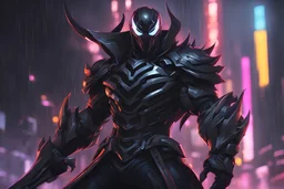 Venom Shredder in 8k solo leveling shadow artstyle, sombra them, close picture, rain, Shredder helmet, neon lights, intricate details, highly detailed, high details, detailed portrait, masterpiece,ultra detailed, ultra quality