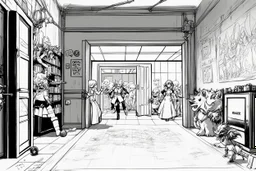 hand drawing, thick lines, la ligne claire [style of the wii No More Heroes], scribbled lines of The lights are out, and the battle begins. the monsters are coming, the werewolf, the demoness, the troll, etc. on the other side the appealing Nurse appears at the door, telling to stop playing with toys and go back to bed.