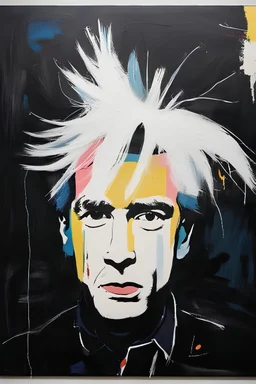 Create an abstract collage portrait of Andy Warhol in the style of basquiat and max Ernst, oil and acrylic painting, close-up, bizarre art, album cover art, whimsical, bold brush strokes, oil stick, (white crayon outlines), (black grunge background), colourful, graphic marker pen, (neo-expressionism),rich colour palette, pop art, abstract portrait, expressive lines, graffiti street art, cgsociety, detailed, impasto, acrylic paint splatter, focused, abstract art, vivid,