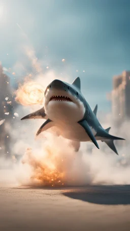 shark stunt man explosion and fall, smoke and blitz, bokeh like f/0.8, tilt-shift lens 8k, high detail, smooth render, down-light, unreal engine, prize winning