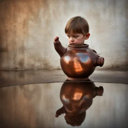 Reflection of a child on an old copper teapot