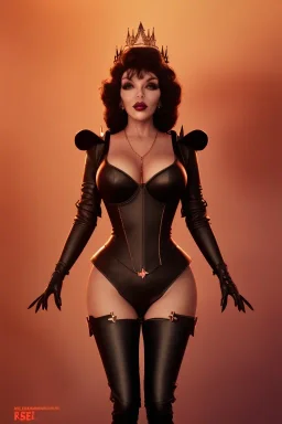 Joan Collins as evil queen in black leather, leather, busty, cleavage, angry, stern look. character design by cory loftis, fenghua zhong, ryohei hase, ismail inceoglu and ruan jia. unreal engine 5, artistic lighting, highly detailed, photorealistic, fantasy