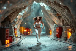 make a video pretty crystal cave covered with jewells and CIFI jewell lights and miniature city buildings and miniature people and streets, a beautiful fashion model lady with cute,curvy hair,makeup, in pretty sports suit is running inside cave ,dynamic camera fallow her inside cave capturing full body, dynamic lights.
