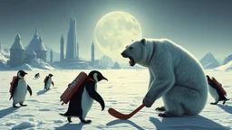 buster keaton as unstable polar growlar bear on the planet of Ceres, with some penguins with rocket backpacks playing hockey on ice field with astronauts, in front of ice megapolis