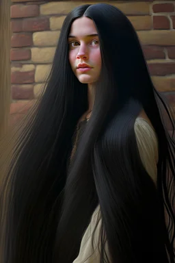 A twenty-year-old American girl with very long black hair, like Rapunzel
