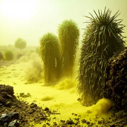 A striking quality Kodak photograph captures a wasteland with liquid and group of monstrous plants, creepy, details of the dust very accentuated, glossy organic mass, adorned with minerals and rocks. Bathed in intense light, eerie, Max Ernst style, Amano, Audubon, yellow sun, fluids, fog, bkue eyes, paranoic, obsessive, blurred, volumetric light