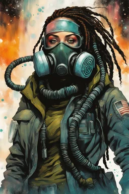 front facing full length portrait illustration of a grunge armored female , beaded dreadlock hair, cyberpunk vampire interstellar mercenary with gas mask, telecommunications headset, and shemagh, highly detailed with gritty post apocalyptic textures, caught in a cosmic maelstrom of swirling gases , finely detailed facial features and hair, in the graphic novel style of Bill Sienkiewicz, and Jean Giraud Moebius, ink wash and watercolor with realistic light and shadow