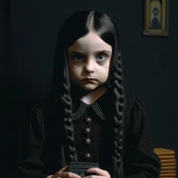 wednesday addams as a child, braids, a frange, black fur, polaroid, 1970s, empty black room, no emotion on her cold face