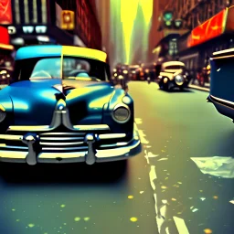 Picture 1950's street life New York, blurred, abstractism, colours, strong texture, 3d