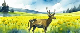 an Elk in a prairie canola field, anime watercolor