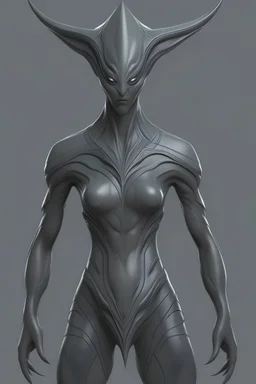 a tall feminine grey skinned aliens with dark hair like fibers, dense muscles and bones as strong as steel an upper chest uses a flexibility bone structure and a lower chest uses a protective bone structure and limbs that are triple jointed and the third segment is quad-boned