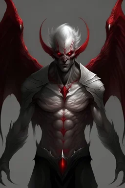 Demon, male, five eyes, wings, grey skin, red eyes, red clothing