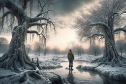 ice, winter, dry trees, person, pond, sci-fi, epic