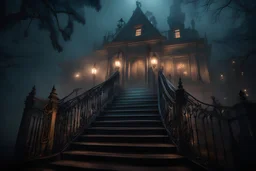 Haunted Mansion at Night: A Spooky Staircase Shrouded in Fog, Camera settings : Full-frame , 100mm lens, f/1.2 aperture, ISO 100, shutter speed 60 seconds. Cinematic lighting, Unreal Engine 5, Cinematic, Color Grading, real time Photography, Shot on 70mm lense, Depth of Field, DOF, Tilt Blur, Shutter Speed 1/2500, F/13, White Balance, 45k,