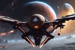 a planet breaks apart by a long object like the anthem concept art