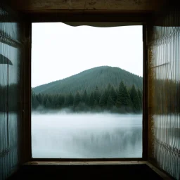 A polaroid photo of an odd room with structures. A transparent tarpaulin covers an image. There is a group of fir trees in the background and a high hill in the distance. A lake. The surface below is in a pastel color. Fog is present.