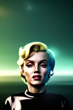 Ultra Realistic retro sci-fi scene, portrait, blonde woman, sweet young Marilyn Monroe face, perfect iris, tight latex coat, Strange planet background, Retro sci-fi style helmet, fog, rain, soft color, highly detailed, unreal engine 5, ray tracing, RTX, lumen lighting, ultra detail, volumetric lighting, 3d, finely drawn, high definition, high resolution.