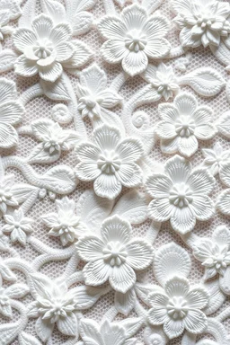 white intricate lace pattern with floral motifs appearing embossed or in relief with fine details and delicate texture 3d effect big flowers more trasparents