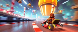 donkey kong bowling stage racing, motion blur, weird creatures, mini racing kart, fences and hills, pits and pendulums, and cranes and squids
