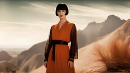 low-level full-body shot of Louise Brooks looking down at the camera with a warm-toned fantasy landscape behind her