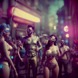 Realistic photo, medium shot view, men, carnival scene, futuristic steampunk. Women, hair monster, Drunken, Sunglasses, smoking, happy, hot. Cabaret background, highly detailed, concept art, unreal engine 5, ray tracing, RTX, lumen lighting, ultra detail, volumetric lighting, 3d, finely drawn, high definition, high resolution.