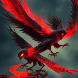 a detailed illustration of a black and red phoenix sitting on a branch of a tree, phoenix wallpaper, luminescent body, glinting wings, full body, symmetrical body, realistic, glowing wings, sharp focus, meticulously detailed, soft evening sky, 64k