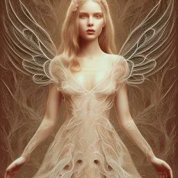 An angel with a beautiful face in a lace night dress, a thin lace dress and a body with designs in the shape of tree leaves on it, anatomical and full body shape with detailed details, the parts of the girl's body can be seen under the dress, a girl with breasts Big, dreamy and artistic painting, full HD 3D painting quality, 4K, 8K