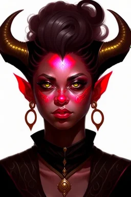 tiefling woman wearing black, she is evil, same face as the uploaded photo