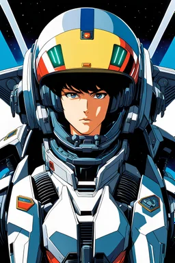 MANGA STYLE, 80S, ANIME 80s, AKIRA, PORTTRAIT, PILOT IN A COCKPIT OF A GIANT MECHA ROBOT MACROSS OR ROBOTECH STYLE