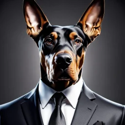 Hombre con bigote traje y corbata, con orejas de perro Doberman, calidad ultra, hiperdetallado