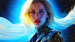 old worn canvas, layered, embossed, double exposure, artistic luminous soft watercolor, glitter, medium ground, luminosity, highlights, gold fragments, shine, light effects, artistic luminous, portrait of a female cyborg in flowing clothes, blonde hair, red lips, wind, blue space, planet, clear lines, layered, blending, textured, surreal, 3D, 8K, best quality, fine rendering, high detail, hyperrealism, high resolution, high definition, layered, pin sharp, hyperfocus, vignette