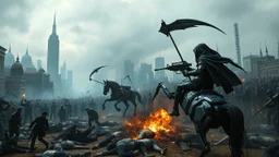 A chaotic cyberpunk interpretation of Bruegel's "The Triumph of Death", capturing the symbolic "harvest" of humanity. this is terror. A dystopian metropolis under smog sky, where cybernetic grim reapers are executing physical harvest. Many of humans citizens killed an army of cyberwarrior androids and robots, panicking people, many bodies lying on the ground. In the foreground, a cyber-death warrior in black hood with futuristic gun, on a mechanical horse, thriller