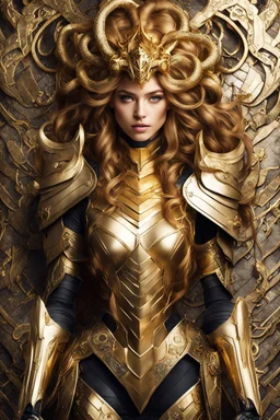 Excellent style Facing front Gorgeous Photography Beautiful Queen Medusa hair snake Cyborg dressing Armor Mecha Golden and jewelry,luxury wall background