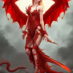 A full body portrait of a red dragon girl,smiling, wings, realistic,