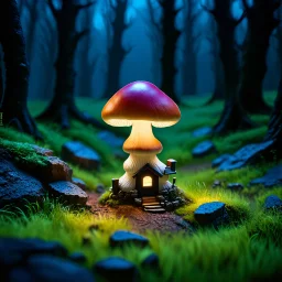 "Close up of a wonderful tiny Mushroom Tower home. Orange and red with bright white, deep black and contrasting tones of gray magenta and violet colors. Illuminated bioluminescent forest. Professional painter, master at composition. small but detailed. broken, blurred background, voluminous lighting"