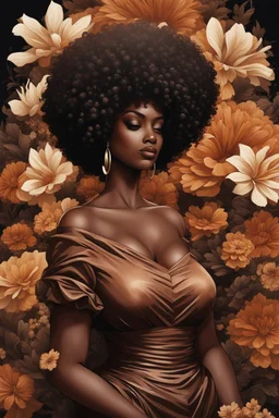 Create a aexpressionism art image of a curvy black female wearing a brown off the shoulder blouse, and she is looking down with Prominent makeup. Highly detailed tightly curly black afro. Background of large brown and black flowers surrounding her