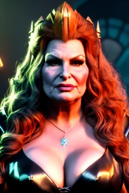 Jennifer Coolidge as evil queen in black leather, busty, cleavage, angry, stern look. character design by cory loftis, . unreal engine 5, artistic lighting, highly detailed, photorealistic, fantasy