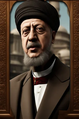 Create a panoramic 3D panel style digital panel Rajab Tayyip Erdogan in 1917 Reflected The character of the milkseller is embodied runabout He wears a turban and a poor costume, Ultra-wide angle Highly realistic precise details Detailed panoramic view Detailed distance Professional Quality 8K