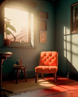 Room scene with sit woman, Wes Anderson style, realistic photo, concept art, smooth, unreal engine 5, god lights, ray tracing, RTX, lumen lighting, ultra detail, volumetric lighting, 3d.