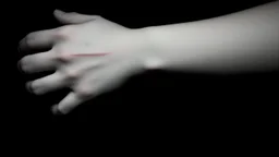 monochrome photo of a pale woman arm on which three parallel thin red line are visible, in the seven-dimensional space depth, shadows, darkness, close up arm, sad, surreal dark vibe, dark colors, splash art, cinematic, depressive vibe
