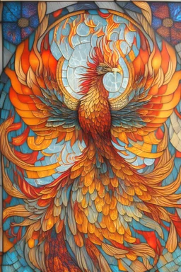 An intricate, stained-glass inspired mosaic depicting a majestic phoenix, using vibrant hues of red, orange, and yellow to emphasize its fiery nature, surrounded by an elegant pattern of swirling flames and intricate glasswork.